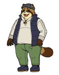  2019 absurd_res anthro bottomwear brown_body brown_fur canid canine clothing eyes_closed eyewear fur glasses hat headgear headwear hi_res humanoid_hands male mammal overweight overweight_male pants raccoon_dog sakusan_kc simple_background solo tanuki tenugui white_background 
