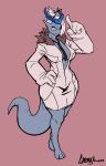  3_toes anthro big_hands big_tail blue_eyes breasts cleavage clothed clothing digitigrade dragon eelise eyewear female glasses greasymojo hair hair_bun hand_on_hip hi_res horn necktie scalie simple_background solo suit toes white_hair wide_hips 