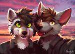  2019 anthro black_hair black_nose blep brown_hair canid canine canis clothing cloud day digital_media_(artwork) domestic_dog duo eyebrows fangs female fur green_eyes grey_body grey_fur hair headshot_portrait hi_res jacket looking_at_viewer male mammal neck_tuft open_jacket open_mouth open_smile outside portrait procyonid raccoon selfie shirt signature sky smile sunset t-shirt teeth thanshuhai tongue tongue_out topwear tuft white_body white_fur yellow_eyes yellow_sclera 