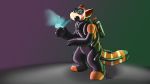  16:9 4_fingers 4k absurd_res adalore ailurid anthro digital_drawing_(artwork) digital_media_(artwork) drone fingers gas_mask gas_tank glistening gradient_background hi_res male mammal mask red_panda simple_background solo striped_tail stripes 