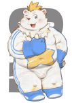  2019 anthro blue_eyes bulge cai1448331577 clothing fur humanoid_hands male mammal one_eye_closed overweight overweight_male simple_background solo ursid white_body white_clothing white_fur wink 