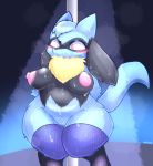  absurd_res alternate_version_at_source anthro areola black_body black_fur blue_body blue_fur blush bodily_fluids breasts canid canine clothing female fur hi_res legwear mammal milkteafox mostly_nude nintendo nipples pok&eacute;mon pok&eacute;mon_(species) pole pussy riolu signature solo stripper_pole sweat video_games 