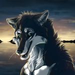  1:1 2012 black_body black_fur canid canine day detailed_background digital_media_(artwork) fur green_eyes mammal open_mouth outside sky teeth wolfroad 
