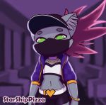  akali_(lol) anthro ashe_(starshippizza) belt clothed clothing domestic_cat felid feline felis fur green_eyes grey_body grey_fur headgear headwear hi_res inner_ear_fluff league_of_legends mammal mask riot_games starshippizza topwear tuft video_games 