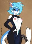  2018 anthro blue_body blue_fur blue_hair bodysuit breasts chest_tuft clothed clothing crotch_tuft digital_media_(artwork) domestic_cat exposed_breasts felid feline felis female fingers fluff-kevlar fur gun hair handgun holding_gun holding_object holding_weapon inner_ear_fluff looking_at_viewer mammal medium_breasts multicolored_body multicolored_fur navel nipples pink_nose pistol pubes purple_eyes ranged_weapon simple_background skinsuit slit_pupils smile solo tight_clothing tuft two_tone_body two_tone_fur undressing unzipped vikna weapon white_body white_fur 