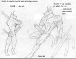  2000 age_difference anthro big_penis black_and_white canid canine canis dialogue domestic_dog duo english_text erection humanoid_penis knight male mammal melee_weapon monochrome muscular muscular_male nude nudog older_male penis penis_awe penis_size_difference retracted_foreskin squire sword text uncut warrior weapon younger_male 