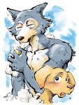  2019 anthro bathing beastars bird_dog blush canid canine canis domestic_dog duo hi_res hunting_dog jack_(beastars) labrador legosi_(beastars) male mammal nude retriever shirako soap water wet wolf 