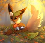  2019 2d10 ambiguous_gender autumn avian beak big_tail blue_eyes claws digital_media_(artwork) duo eeveelution feathers feral flareon fletchling fluffy fluffy_tail fur hi_res leaf nintendo pawpads paws pok&eacute;mon pok&eacute;mon_(species) quadruped scarf sitting smile smirk tree video_games 