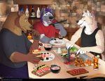  2019 absurd_res alcohol anarchy anthro beef beverage bottle canid canine canis chopsticks cooking digital_media_(artwork) dinner eating fire fireball food furniture fuzzycoma group heavy heavymetalbear hi_res hibachi hyaenid liquor male mammal meat noodles open_mouth rum sitting smile spotted_hyena steak sushi table ursid waya wolf 
