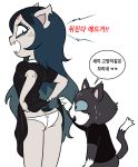  2019 age_difference anthro assisted_exposure black_hair cartoon_hangover claire_(the_summoning) clothing digital_media_(artwork) domestic_cat edgar_(the_summoning) eyeshadow fangs felid feline felis female fur hair korean_text long_hair makeup male mammal older_female panties simple_background ta-na text the_summoning translated underwear white_background younger_male 