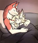  anthro bed blake blanche canid canine canis domestic_dog duo eyes_closed fox furniture hair hug husky kittell_(artist) lying mammal nordic_sled_dog simple_background sleeping spitz 