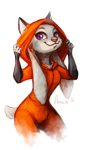  2016 aleoo-whiter anthro cheek_tuft clothed clothing disney ears_down face_tuft fake_ears fake_fox_ears female fox_costume fur grey_body grey_fur hi_res hoodie judy_hopps lagomorph leporid looking_at_viewer mammal onesie pink_nose pivoted_ears portrait purple_eyes rabbit scut_tail signature simple_background smile solo standing three-quarter_portrait topwear tuft white_background zootopia 