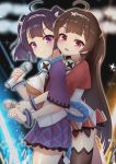  2girls absurdres ahoge alternate_costume ass azur_lane bangs behind_another black_legwear blunt_bangs blunt_ends blurry blurry_background blush breasts brown_hair closed_mouth cowboy_shot dress eyebrows_visible_through_hair from_side glowstick hairband hand_up headphones headphones_around_neck highres holding holding_microphone karu_(ricardo_2628) long_hair looking_at_viewer medium_breasts medium_hair microphone multiple_girls ning_hai_(azur_lane) ning_hai_(dragon_sisters!)_(azur_lane) no_bra open_mouth ping_hai_(azur_lane) ping_hai_(dragon_sisters!)_(azur_lane) pleated_skirt purple_eyes purple_hair purple_skirt raised_eyebrows red_dress red_eyes round_teeth see-through shiny shiny_hair shiny_skin short_sleeves sidelocks single_thighhigh skirt smile sparkle stage_lights standing teeth thighhighs thighs tongue two-tone_dress underboob very_long_hair white_dress white_hairband wide_sleeves wireless 