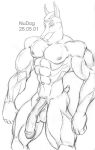  2001 anthro balls big_balls big_penis black_and_white buzzcut canid canine canis circumcised dobermann domestic_dog flaccid humanoid_penis male mammal monochrome muscular muscular_male nudog penis pinscher sketch solo 