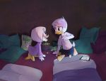  anatid anseriform avian bare_shoulders beverage bird blush bottomwear clothing disney duck ducktales ducktales_(2017) energy_drink female female/female food lena_(ducktales) music phone pillow popcorn shirt shorts snacks syrasenturi topwear webby_vanderquack young 