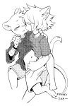  2019 absurd_res anthro blush bodily_fluids child clothed clothing cub domestic_cat duo eyes_closed felid feline felis hair hi_res kemono male mammal monochrome mouse murid murine navel puinkey_(artist) puinkey_(character) rodent screentone signature tears young 