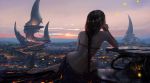  aeolian_(wlop) black_hair braids building butterfly city clouds ghostblade headdress landscape long_hair ponytail scenic skirt sky sunset wlop 