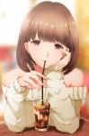  1girl :3 anegasaki_nene arm_rest bangs bare_shoulders blurry blurry_background breasts brown_eyes cup drink drinking_straw eyebrows_visible_through_hair hand_on_own_face highres ice indoors large_breasts light_brown_hair long_sleeves looking_at_viewer love_plus medium_hair mole mole_under_eye off_shoulder ryuu. smile solo table upper_body wooden_table 