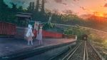  2girls banishment japanese_clothes original scenic signed sunset train 