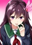  1girl artist_name brown_hair commentary_request eyebrows_visible_through_hair finger_licking gradient gradient_background green_sailor_collar hair_between_eyes hair_ornament highres kamelie kantai_collection kisaragi_(kantai_collection) licking long_hair looking_at_viewer neckerchief pink_background pinky_out purple_eyes red_neckwear remodel_(kantai_collection) sailor_collar school_uniform serafuku solo upper_body white_background 