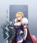  1girl absurdres ahoge armor artoria_pendragon_(all) artoria_pendragon_(lancer) bangs blonde_hair braid breasts cape cleavage commentary crown eyebrows_visible_through_hair fate/grand_order fate_(series) french_braid fur_trim green_eyes hair_between_eyes highres large_breasts long_hair looking_at_viewer nayamer sidelocks smile solo thighhighs 