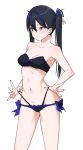  1girl bare_arms bare_shoulders black_bra black_hair black_panties blue_hair blue_nails blush bow bow_bra bow_panties bra breasts cleavage closed_mouth collarbone fingernails ginopi groin hair_ornament highres lifted_by_self long_hair looking_away looking_to_the_side medium_breasts multicolored_hair nail_polish navel original panties red_eyes ribbon-trimmed_bra ribbon_trim simple_background solo strap_lift strapless strapless_bra streaked_hair twintails underwear underwear_only white_background 
