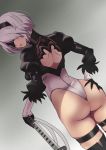  1girl ass back blindfold boots globburt gloves hand_on_ass highres holding holding_weapon juliet_sleeves long_sleeves looking_at_viewer looking_back mole mole_under_mouth nier_(series) nier_automata parted_lips puffy_sleeves short_hair solo sword thigh_boots thighhighs thighs weapon white_gloves white_hair yorha_no._2_type_b 