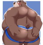  12beat13 2019 anthro belly blush brown_body brown_fur butt clothing fur humanoid_hands jockstrap male mammal moobs overweight overweight_male solo underwear ursid 