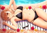  1girl absurdres airi_(satosi) bangs bare_shoulders bikini black_bikini blush breasts cleavage closed_mouth collarbone eyewear_removed flower highres large_breasts looking_at_viewer lying multi-strapped_bikini navel on_back orange_eyes orange_hair original poolside satosi short_hair smile solo sunglasses swimsuit thighs 