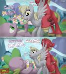  3d_(artwork) absurd_res animal_genitalia animal_penis balls big_macintosh_(mlp) big_penis blonde_hair bodily_fluids comic condom cum cum_everywhere cum_inside cumshot derpy_hooves_(mlp) dialogue digital_media_(artwork) dragon earth_pony ejaculation equid equine equine_penis female filled_condom freckles friendship_is_magic genital_fluids grey_body grey_skin group group_sex hair hi_res horse humanoid_penis male male/female mammal messy moorsheadfalling my_little_pony orgasm penis pony pterippus purple_body purple_skin red_body red_skin safe_sex sex spike_(mlp) text threesome wings 