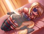  1girl arms_behind_back ball_gag bdsm blonde_hair bondage boots bound breasts choker cosplay crotch_rope eyepatch fate/kaleid_liner_prisma_illya fate_(series) gag gagged hogtie illyasviel_von_einzbern leng_yan_chi_bing long_hair low-tied_long_hair lying on_side panties purple_panties red_eyes rider rider_(cosplay) skindentation small_breasts thigh_boots thighhighs underwear very_long_hair 