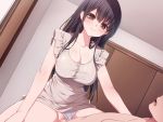  1boy 1girl black_hair blush breasts brown_eyes cleavage hetero himegi_you impossible_clothes indoors large_breasts long_hair looking_at_viewer official_art open_mouth penis sex shirt smile vaginal very_long_hair 