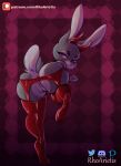 absurd_res anthro anus butt disney female fur grey_body grey_fur hi_res judy_hopps lagomorph leporid looking_at_viewer looking_back mammal mostly_nude purple_eyes pussy rabbit rear_view rhoarietis scut_tail solo text url zootopia 