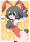  1girl animal_ears bare_shoulders black_hair black_legwear blue_eyes blush bow bowtie bunny_ears bunny_tail commentary cowboy_shot detached_collar eyebrows_visible_through_hair fake_animal_ears flying_sweatdrops gloves heart highres kaban_(kemono_friends) kemono_friends leotard no_hat no_headwear orange_background paw_gloves paws ransusan red_leotard red_neckwear short_hair simple_background sleeveless solo spoken_heart strapless strapless_leotard sweat tail thighhighs 