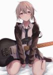  1girl electric_guitar girls_frontline grey_hair guitar highres instrument jacket knoy3356 m200_(girls_frontline) necktie ponytail purple_eyes shirt solo white_shirt 