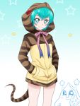  1girl animal_hood antennae aqua_eyes aqua_hair blush cosplay cowboy_shot gradient gradient_background hagoromo_lala hands_in_pockets highres hood hood_up hoodie kemono_friends looking_at_viewer mameshiba precure prunce_(precure) ribbon smile snake_tail star star_in_eye star_twinkle_precure striped_hoodie symbol_in_eye tail tsuchinoko_(kemono_friends) tsuchinoko_(kemono_friends)_(cosplay) 