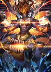  abs absurdres bracelet burning_eyes centauroid dark_skin dark_skinned_male extra_arms extra_eyes fighting_stance fire highres horns jewelry kamonegi_(meisou1998) long_hair looking_at_viewer magic_circle male_focus molten_rock muscle orange_hair original pebble spikes teeth very_long_hair wings yellow_eyes 