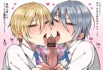  3boys aina123 aqua_eyes bar_censor blonde_hair blue_eyes blush censored collared_shirt fellatio heart heart-shaped_pupils licking male_focus multiple_boys multiple_fellatio necktie oral penis saniwa_(touken_ranbu) shirt silver_hair symbol-shaped_pupils tongue tongue_out touken_ranbu translation_request yamanbagiri_chougi yamanbagiri_kunihiro yaoi 