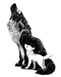  2019 black_body black_fur canid canine canis duo feral fur mammal paws sitting tamberella traditional_media_(artwork) white_body white_fur wolf 