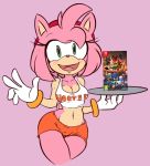 accessory alternate_costume amy_rose anthro brachyzoid breasts cleavage clothed clothing eulipotyphlan female gloves green_eyes hair_accessory hairband handwear hedgehog hooters mammal navel open_mouth open_smile simple_background smile solo sonic_(series) video_games 