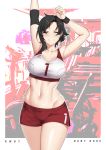  &gt;:) 1girl armpits arms_up black_hair blush boyshorts breasts character_name closed_eyes closed_mouth clothes_writing commentary copyright_name cowboy_shot elbow_pads english_commentary facing_viewer highres large_breasts lulu-chan92 navel number red_shorts ruby_rose rwby short_hair shorts smile solo sports_bra stomach stretch sweatband toned treadmill 
