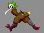  armless avian beak big_butt brown_body brown_feathers butt cheese_cake digimon digimon_(species) feathers female frown green_eyes grey_body grey_skin kiwimon leaf mask simple_background solo surprise text 