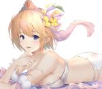  1girl ass bangs bare_shoulders bikini blonde_hair blue_eyes bow breasts cleavage collarbone crown europa_(granblue_fantasy) eyebrows_visible_through_hair flower granblue_fantasy hair_bow hair_flower hair_ornament looking_at_viewer lying mari_(doraerin0) medium_breasts on_stomach parted_lips pink_bow pom_pom_(clothes) short_hair simple_background smile solo strapless strapless_bikini swimsuit white_background white_bikini yellow_flower 