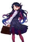  1girl bag black_hair bow commentary_request fate/grand_order fate_(series) hair_bow highres ishtar_(fate/grand_order) long_hair matsuryuu multicolored_hair one_eye_closed pantyhose partial_commentary pleated_skirt red_eyes red_hair school_bag school_uniform skirt space_ishtar_(fate) two-tone_hair white_background 