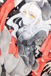  1girl breasts caren_hortensia dress falling fate/hollow_ataraxia fate_(series) goodnight_gn8 grey_hair hat layered_sleeves long_hair long_sleeves pantyhose robe shroud_of_magdalene signature silver_hair solo thighhighs white_hair yellow_eyes 