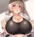  1girl bangs blush bra braid breasts cleavage cloud_hair_ornament commentary_request eyebrows_visible_through_hair highres kantai_collection large_breasts light_brown_hair long_hair looking_at_viewer minegumo_(kantai_collection) open_clothes open_mouth red_eyes ryuun_(stiil) shirt simple_background solo steam sweat twin_braids underwear upper_body white_shirt 