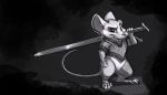  2016 4_toes abstract_background absurd_res ambiguous_gender anthro black_background bottomless buckteeth carrot_(artist) claws clothed clothing front_view fur greyscale hi_res holding_object holding_weapon looking_at_viewer mammal melee_weapon monochrome mouse murid murine partially_clothed paws rodent semi-anthro simple_background solo standing sword teeth three-quarter_view toes weapon whiskers 
