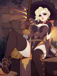  1girl bangs belt blonde_hair blue_eyes blushy-pixy bodice book boots breasts cape earrings elbow_gloves english_commentary food_themed_earrings gloves glowing glowing_wings halloween halloween_costume hat highres holding jack-o&#039;-lantern jack-o&#039;-lantern_earrings jewelry large_breasts leg_up looking_at_viewer mechanical_wings mercy_(overwatch) overwatch pink_lips pumpkin_earrings shoes sitting smile spiked_shoes spikes spread_wings thigh_boots thighhighs thighs wings witch witch_hat witch_mercy yellow_wings 