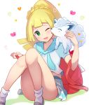  1girl ;d alolan_form alolan_vulpix backpack bag blonde_hair blush braid brat cheek_licking colored_shadow commentary convenient_leg face_licking gen_7_pokemon green_eyes grey_footwear heart high_ponytail holding_strap knees_together_feet_apart knees_up licking lillie_(pokemon) loafers long_hair on_shoulder one_eye_closed open_mouth pleated_skirt pokemon pokemon_(anime) pokemon_(creature) pokemon_(game) pokemon_sm pokemon_sm_(anime) ponytail puffy_short_sleeves puffy_sleeves shadow shirt shoes short_sleeves skirt smile socks white_background white_legwear white_shirt white_skirt 