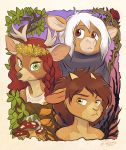  2019 anthro antlers bovid braided_hair brown_body brown_eyes brown_fur brown_hair caprine cervid clothed clothing female flower fungus fur garland goat green_eyes group hair hi_res horn jonas leaf male mammal mushroom plant rose_(flower) tan_body tan_fur taunus thorn_(plant) tree white_hair willow_(jonas) yellow_eyes 